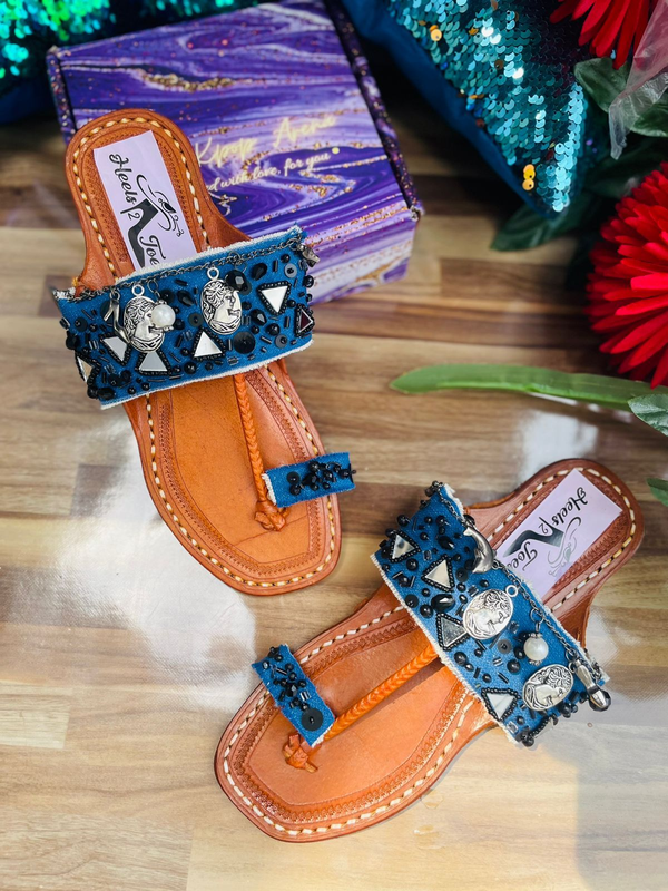 Boho Black Denim Love Kolhapuri